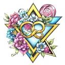 colorful heart, infinity sign, triangle,  blooming banner tattoo design idea