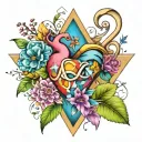colorful heart, infinity sign, triangle,  blooming banner tattoo design idea