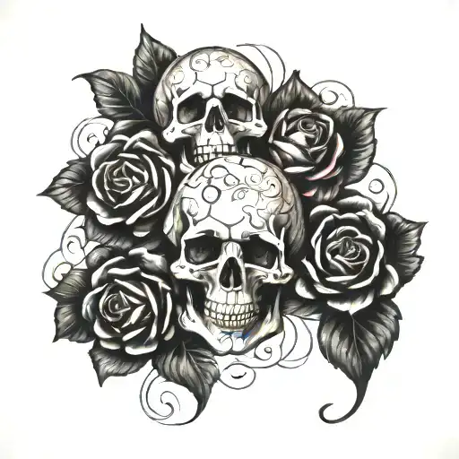 tooled leather design with roses and skulls tattoo design idea