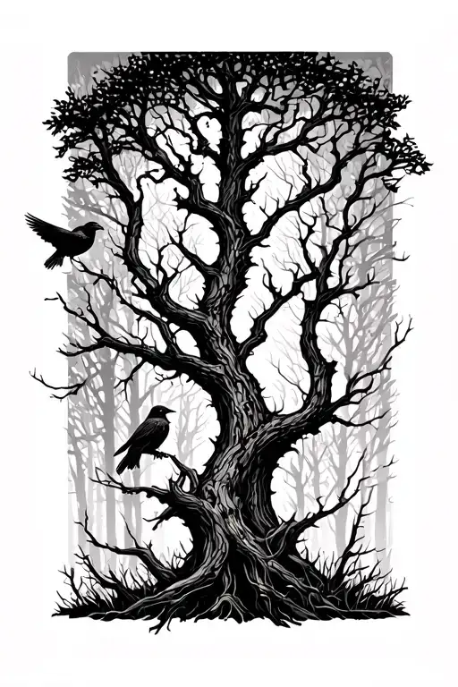 Silhouetted Forest: Twisted, leafless trees stretching upward, with ravens perched on branches and a few in flight. tattoo design idea