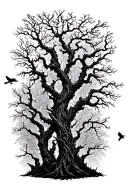 Silhouetted Forest: Twisted, leafless trees stretching upward, with ravens perched on branches and a few in flight. tattoo design idea