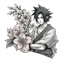 Sasuke Uchiha holding Sakura flowers tattoo design idea