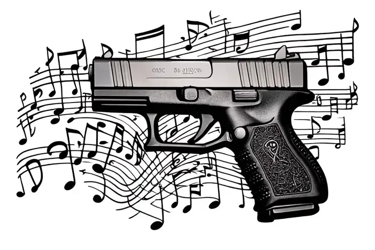 A Glock pistol surrounded by music notes tattoo design idea