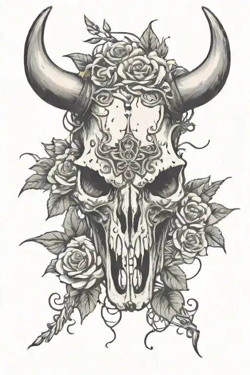 bull skull with flowers coming out of it, barbed wire wrapped around  tattoo design idea