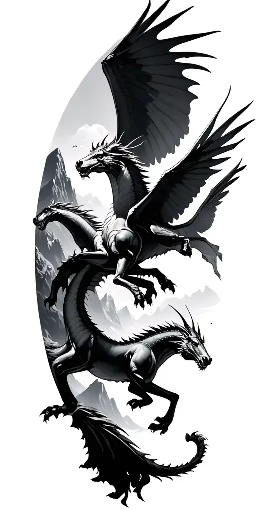 dragons and Pegasus flying by mountain tattoo design idea
