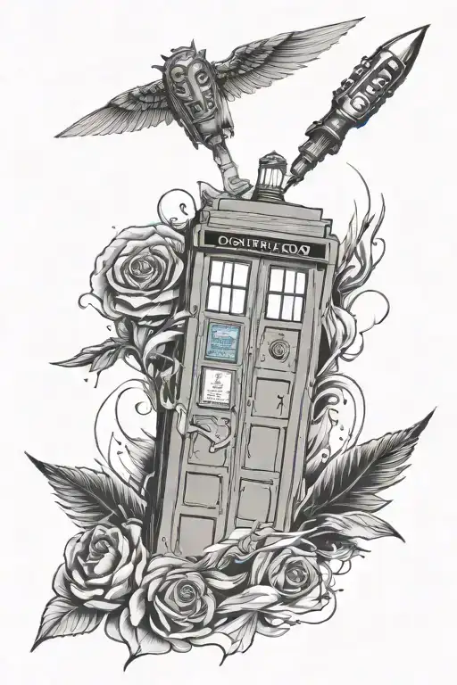fine line tattoo based of the show doctor who with the tardis and the 11th doctor sonic screwdriver  tattoo design idea