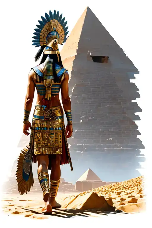 Aztec Guerrero walking towards the Egyptian Pyramid Heaven tattoo design idea