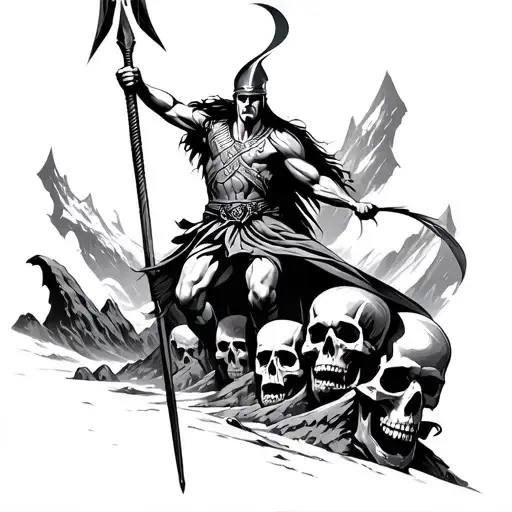 Spartan with a spear jumps from the mountains of skulls tattoo design idea
