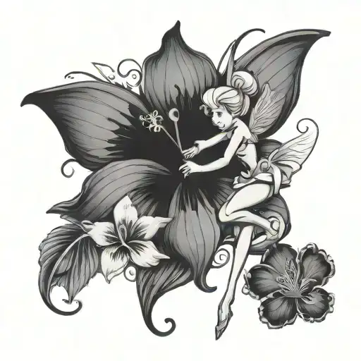 Tinkerbell & hibiscus flower surrounded tattoo design idea
