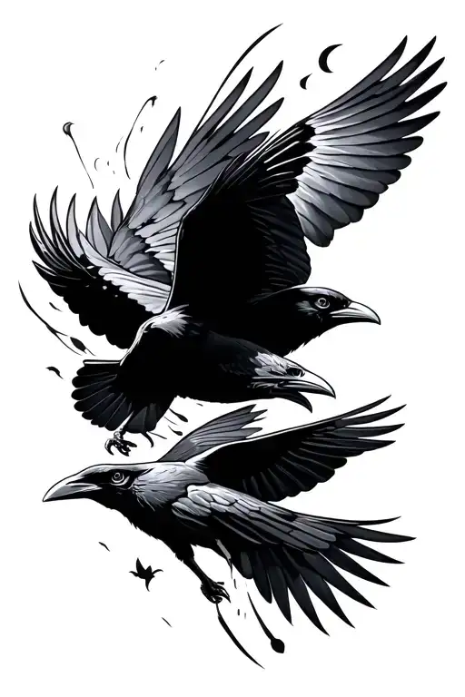 2 ravens flying away from each other and nothing else surrounding them  tattoo design idea