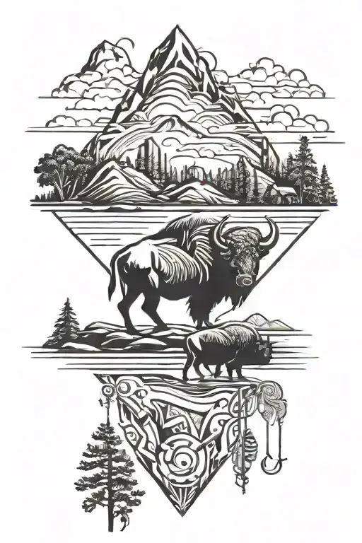 mountains with trees, river, and buffalo  tattoo design idea