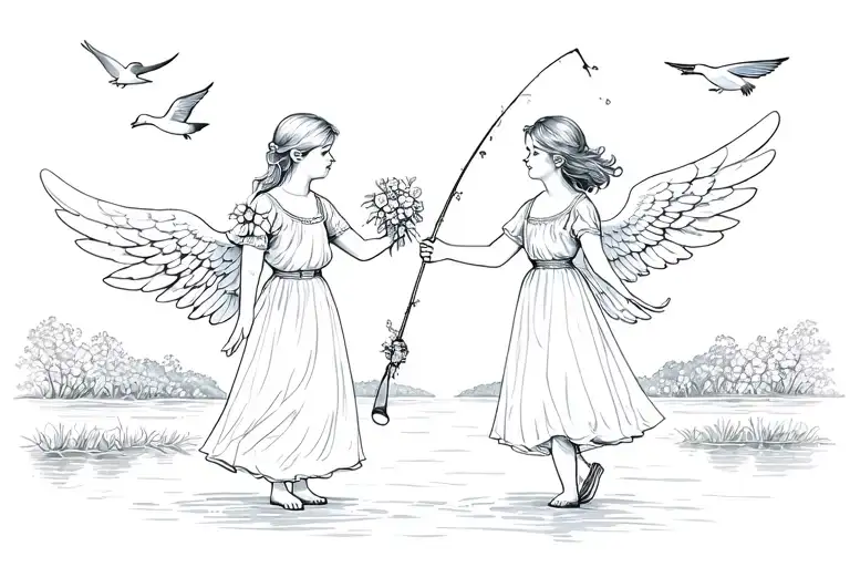 Girl, boy angels hold hands. Boy fishing pole on shoulder, girl hold flowers, walk path towards lake, 4 birds flying tattoo design idea