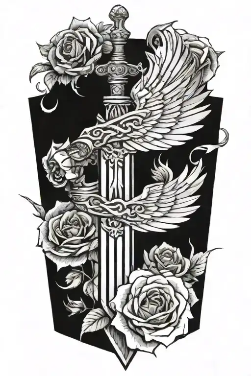 angel wings behind sword, roses tattoo design idea