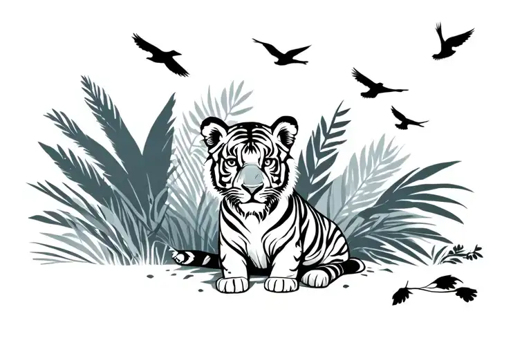 tiger cub sitting in front of jungle looking at birds flying tattoo design idea