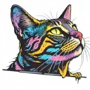 Skinny female tabby cat portrait, Electric Neon Wave sunset, spot on face, tattoo design idea