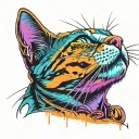 Skinny female tabby cat portrait, Electric Neon Wave sunset, spot on face, tattoo design idea