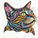 Skinny female tabby cat portrait, Electric Neon Wave sunset, spot on face, tattoo design idea