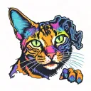 Skinny female tabby cat portrait, Electric Neon Wave sunset, spot on face, tattoo design idea