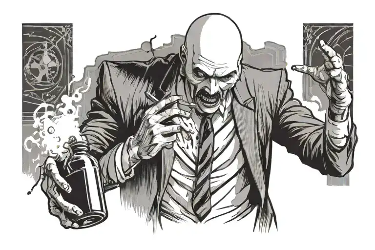 maniacal angry badass slender bald man in a suit, torso and face spraying a poof of mist from a bottle tattoo design idea