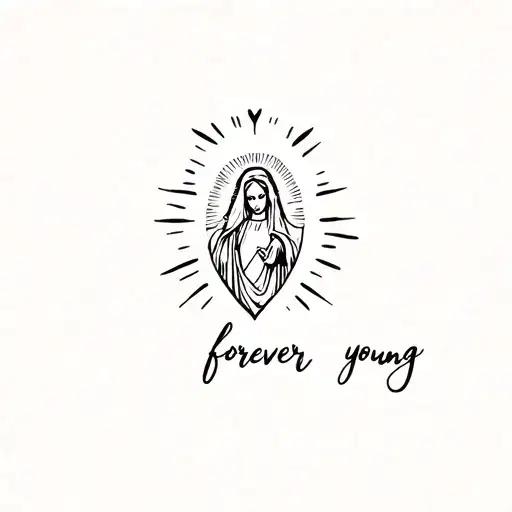 tattoo with a heart, below it should write "forever young" and above a depiction of the virgin mary tattoo design idea