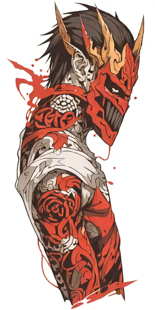 male anime character wearing oni mask holding swords fighting off inner demons  tattoo design idea