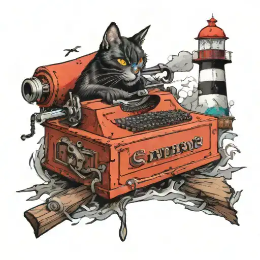 stephen king, typewriter, axe, it, black cat, lighthouse, fog, tattoo design idea