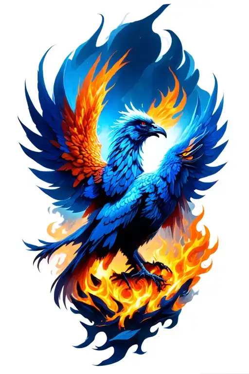 Fiery phoenix rising from ashes all in blue fire tattoo design idea