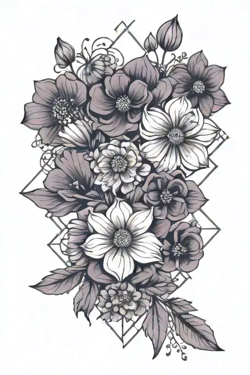 violet, primrose, daisey, sweet pea, and cosmos flowers bouquet tattoo design idea