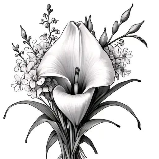 Calla lily Tulip Stargazer lily Baby’s breath snapdragon bouquet no shading tattoo design idea