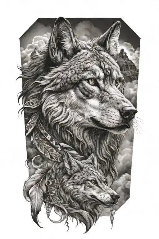 Werewolf Indian wolf, smoke clouds, Grand Canyon tattoo design idea