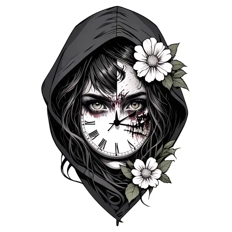 hooded half zombie girl half pretty face flower background including a timepiece  tattoo design idea