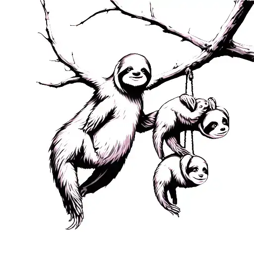 mom sloth with three babies hanging from tree tattoo design idea