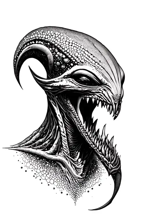 Cosmic Alien Romulus growling in saliva tattoo design idea