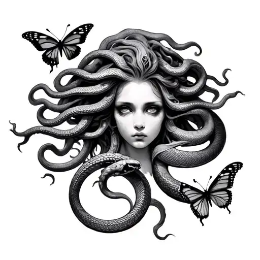 Medusa tattoo 9 snakes 3 butterfly's tattoo design idea