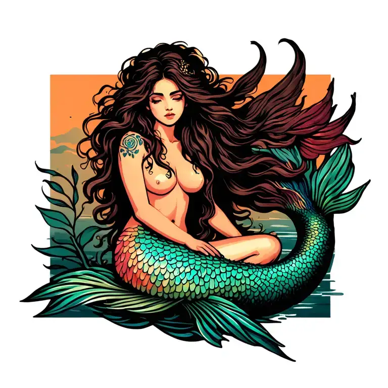 mermaid sitting on anchoe with long tail tattoo design idea