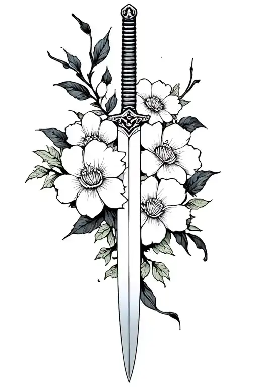 katana and flowers fine line tattoo design idea