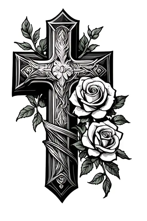 western cross surrouned by rose wrapped tattoo design idea