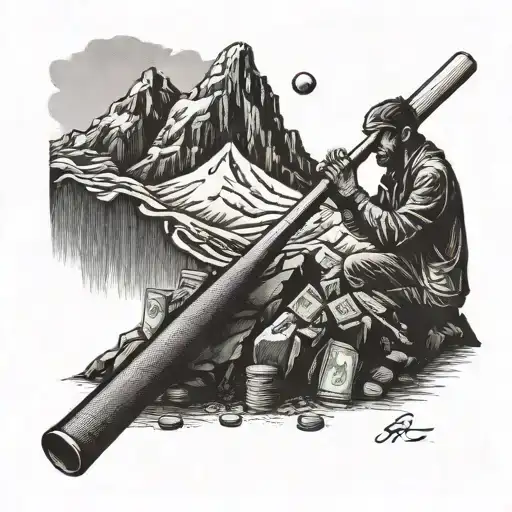 An entrepreneur counting money on a mountain peak, with a cricket bat and ball next to them tattoo design idea