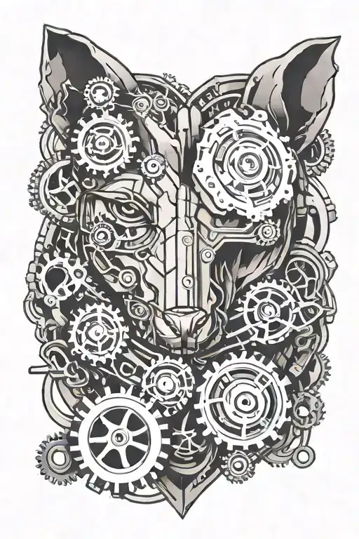 A stylized mechanical heart with gears and wires, with a small American bully sitting at its core tattoo design idea