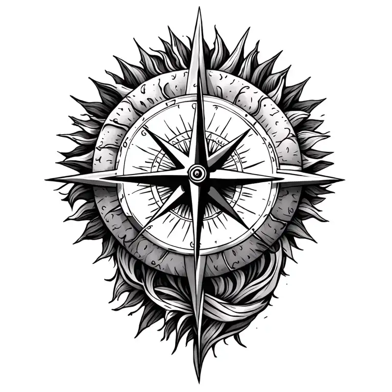 sun and compass intertwined tattoo design idea