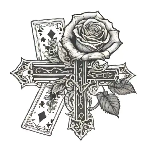 rose behind a cross with playing cards tattoo design idea