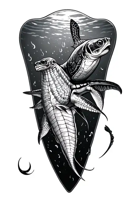 stingray with barracuda and turtle  tattoo design idea