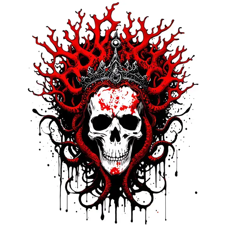 King Of Bones With A Coral Crown, Hades 2 Style, Eldritch, Tentacles, Lovecraftian, Deep Sea tattoo design idea