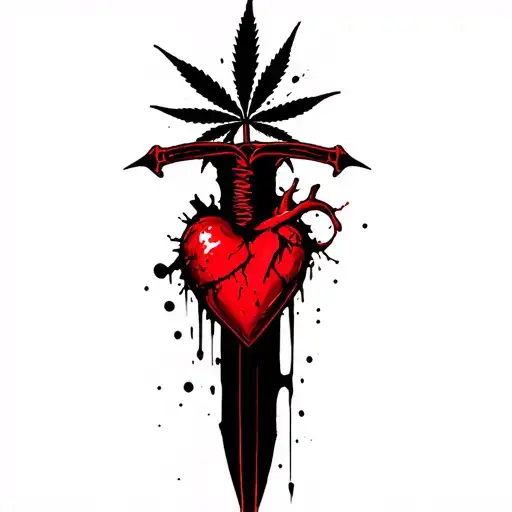 a heart pierced with a dagger, marijuana leaves in the background tattoo design idea