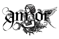 minimalis tatoo desing of the word "amor" in elegant curdive with a delicate angel or cherub, fine line art tattoo design idea