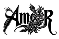 minimalis tatoo desing of the word "amor" in elegant curdive with a delicate angel or cherub, fine line art tattoo design idea
