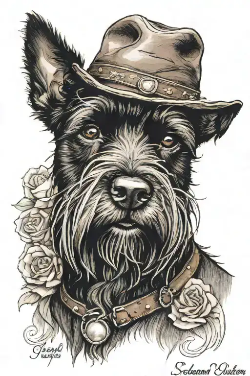 black schnauzer with cowgirl hat and brown eyes tattoo design idea
