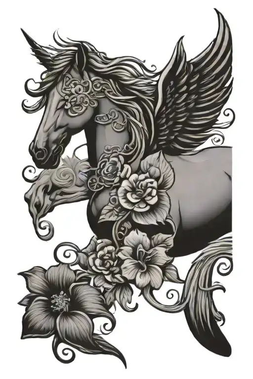 horse and hibiscus flower with celtic angel tattoo design idea