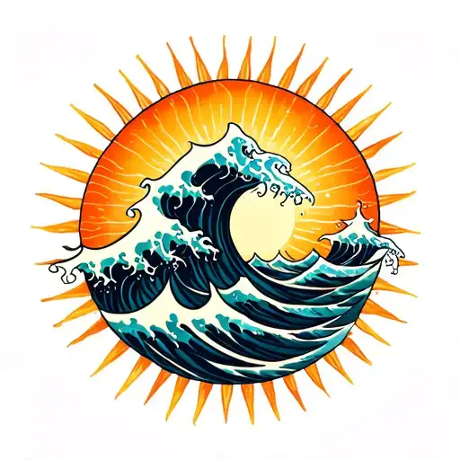 wave with sun rays tattoo design idea