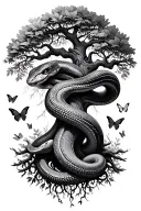 tree of life with snakes wrapped around the trunk and butterflies flying tattoo design idea
